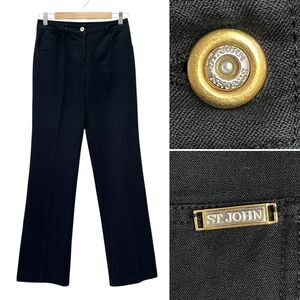 St. John Sport Pants Size 2 Black Stretch Cotton Straight Leg Gold Button VTG